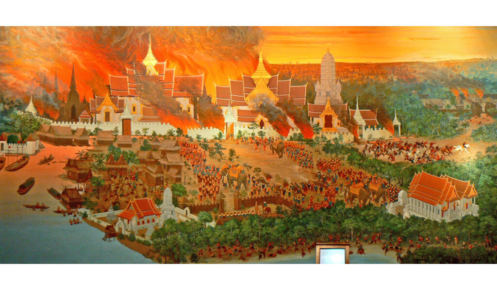 The painting shows the fall of Ayutthaya